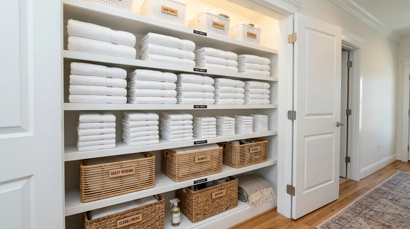 Tidy linen closet with folded stacks, labels, and neat storage.